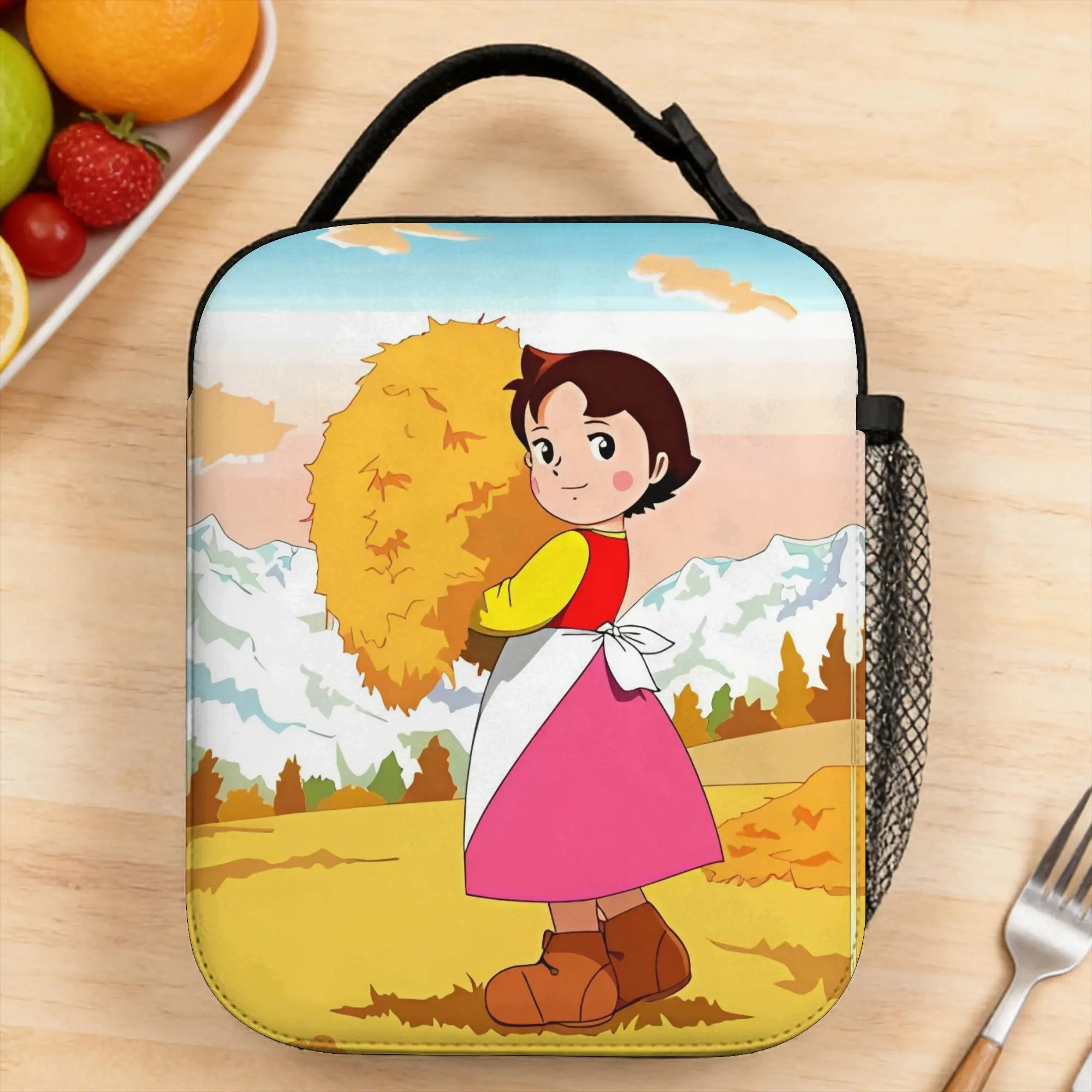 Custom Alps Mountain Girl Happy Heidi Lunch Bag School Portable Zipper Tote Food Bags For Women  Waterproof Print Cooler Bag