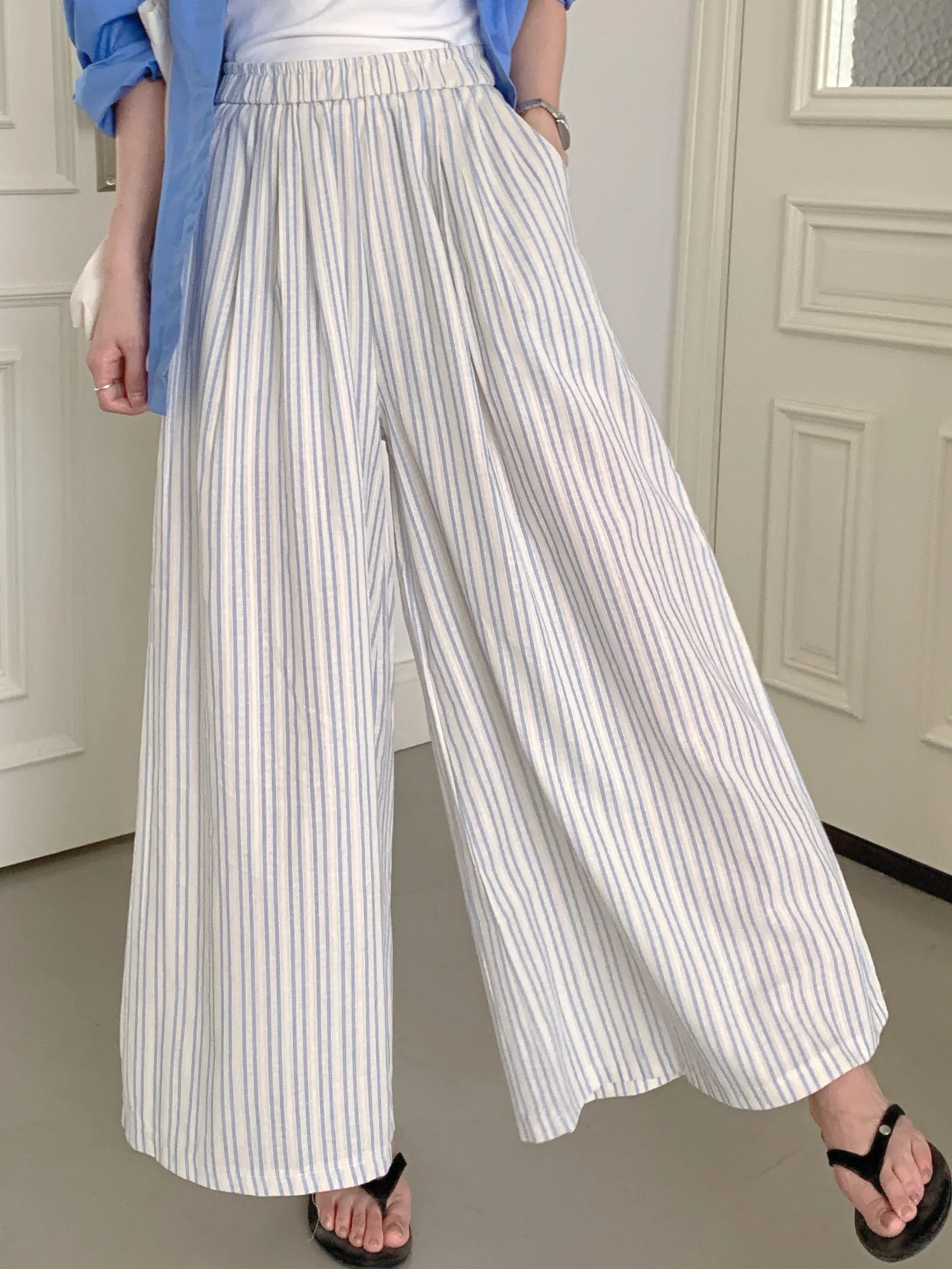 Calças de Cintura Alta tradas de Perna Larga Fenas Casuais Corte Reto Crimento até o Chão Moda Verão Novo Estilo Co...