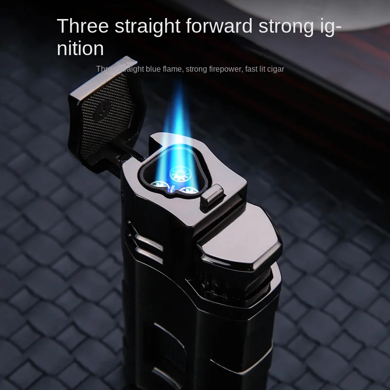 

HONEST Metal Multifunctional Outdoor Windproof Butane Gas Lighter Turbo 3 Torch Blue Flame Straight Cigar Lighter Men's Gift