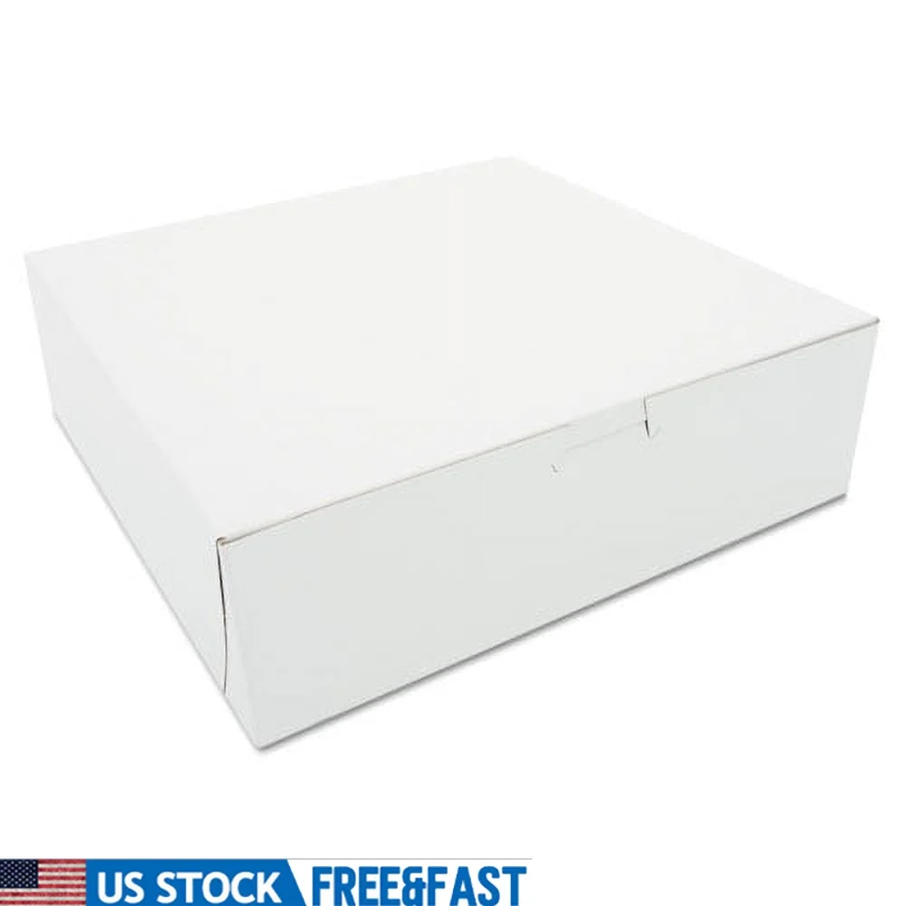 

White One-Piece Bakery Boxes Non-Window 10x10x3 Sturdy Clay-Coated Paperboard Lock-Corner Tuck-Top 200 Pack