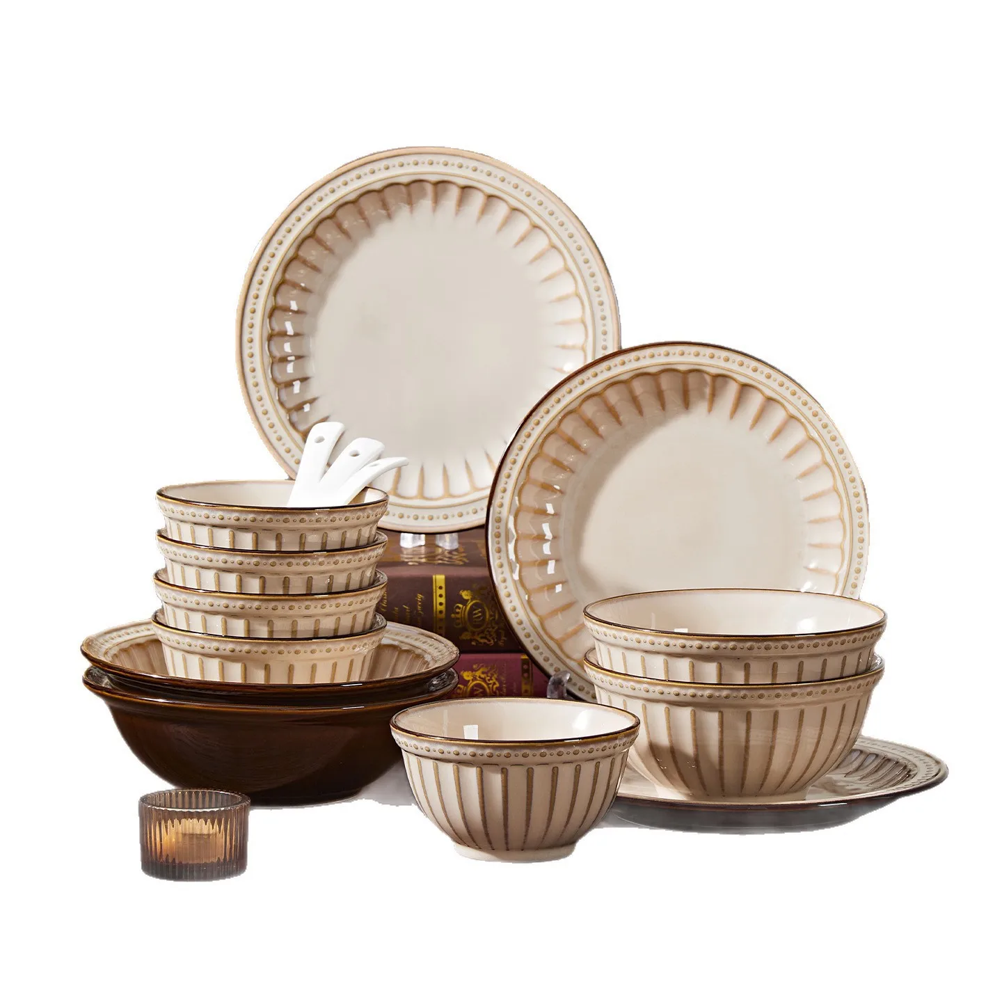 

French Tableware Set Retro Relief 5/16/30/45pcs Premium Ceramics Dish Sets Full Set Luxury Dinnerware Set 1/2/4/6/8/10 Persons