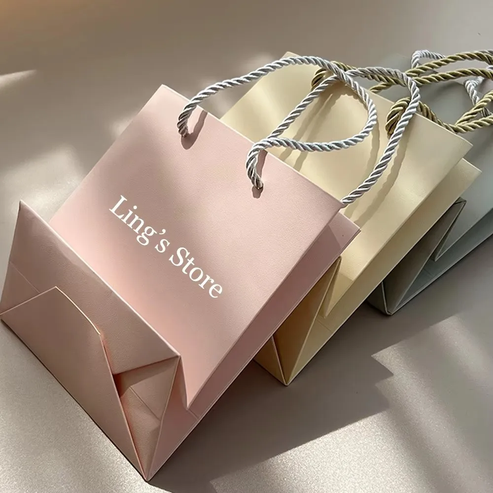 Sacs à poignée en papier pour bijoux, 24 pièces, 14x15x7cm, Logo personnalisé, blanc, gris, rose, cadeaux de mariage, emballage de rangement, pochette personnalisée