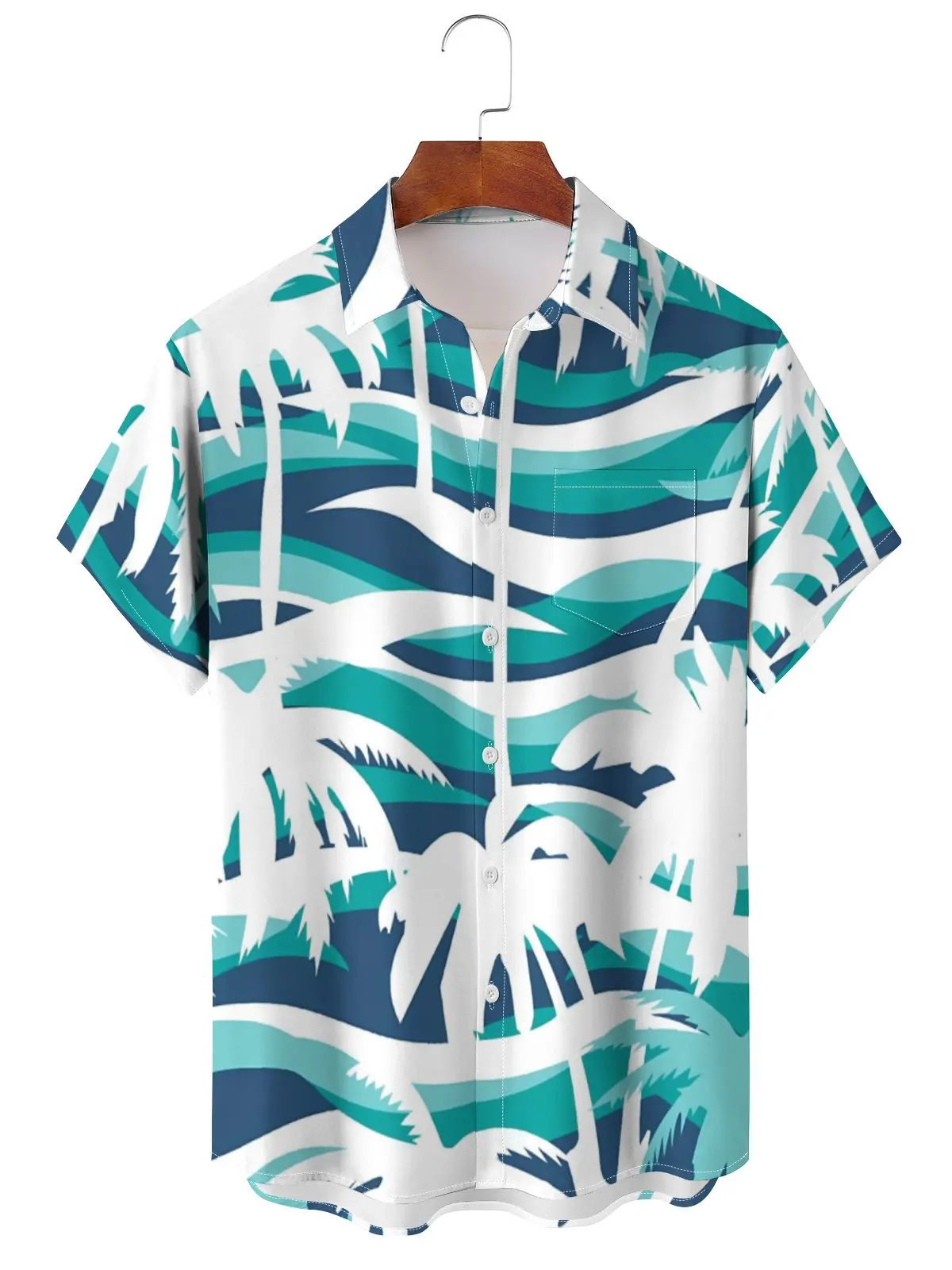 Top casual estampado em folha tropical masculino, top confortável solto, férias à beira-mar, estilo havaiano, viagem verão