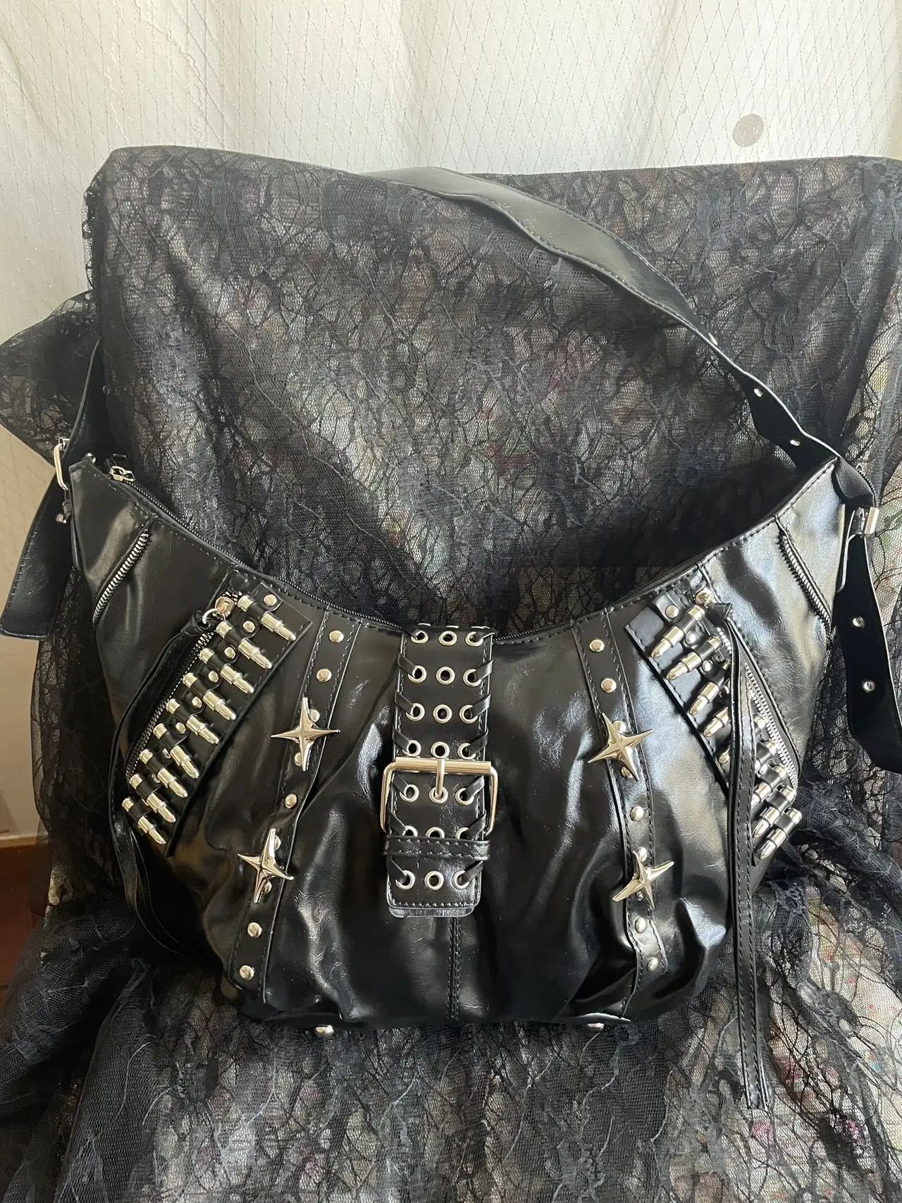 Punk Star Bullet Studded Hobo Bag Black PU Leather Shoulder Bag Y2K Grunge Crossbody Purse Gothic Alt Handbag