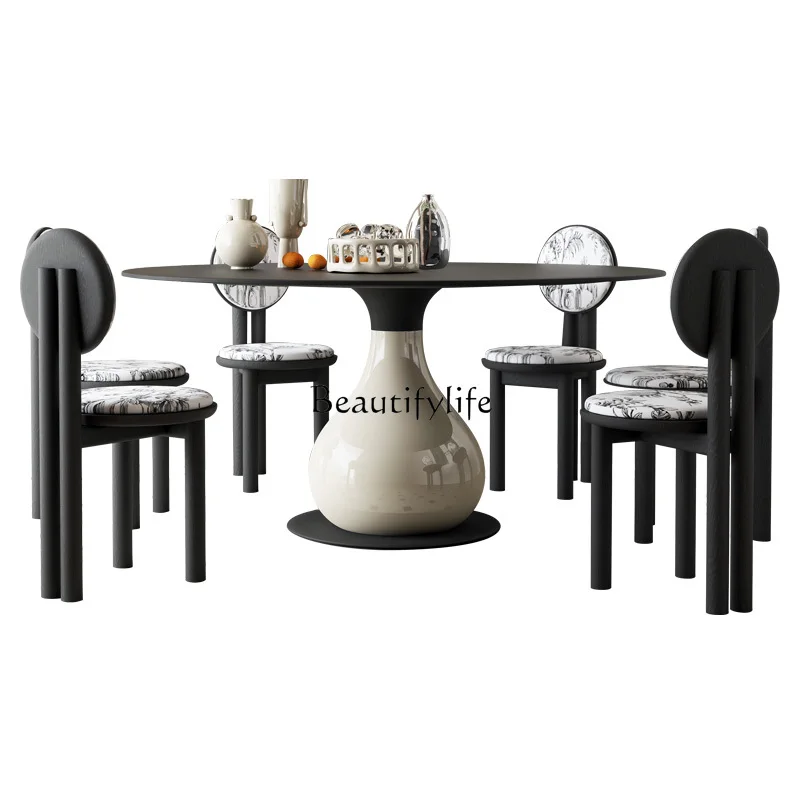 

French retro style round rock slab dining table household small apartment light luxury high-end
