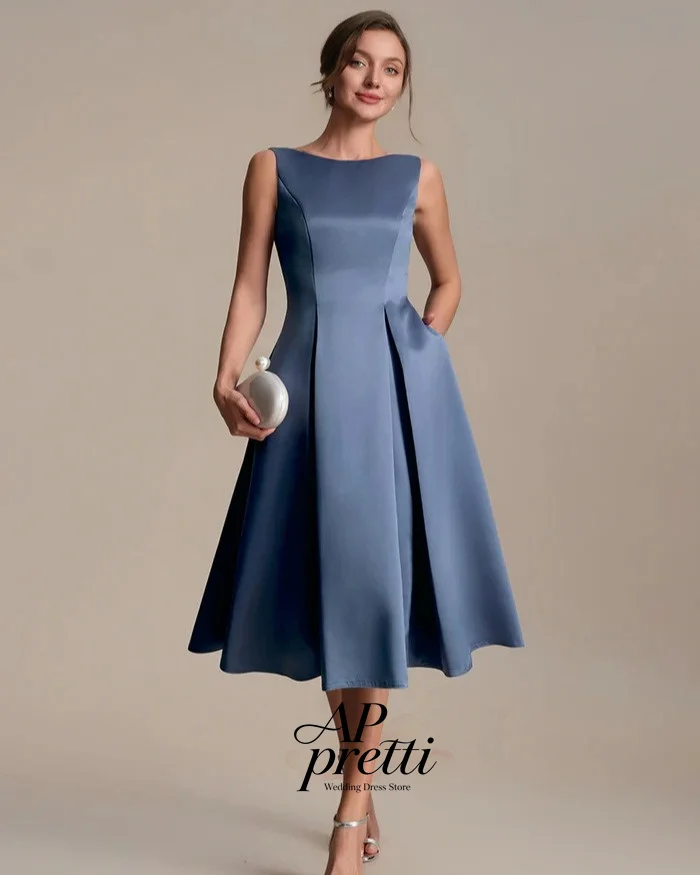 AP pretti Elegant Soft Satin Korea Bridesmaid Dresses O-Neck Customized Sleeveless A-line Tea-Length Wedding Guest Dresses 2026