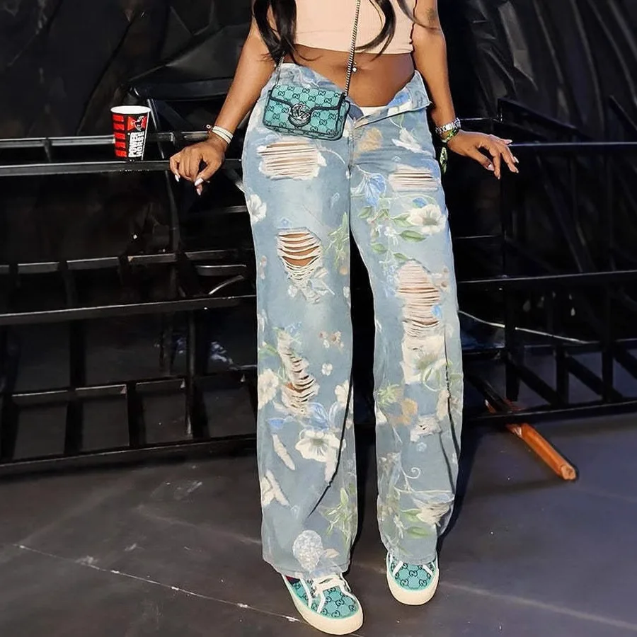 

Distressed Women Denim Pants Floral Printed Straight Jeans 2025 Autumn New Popular Streetwear High Waist Workout Trousers
