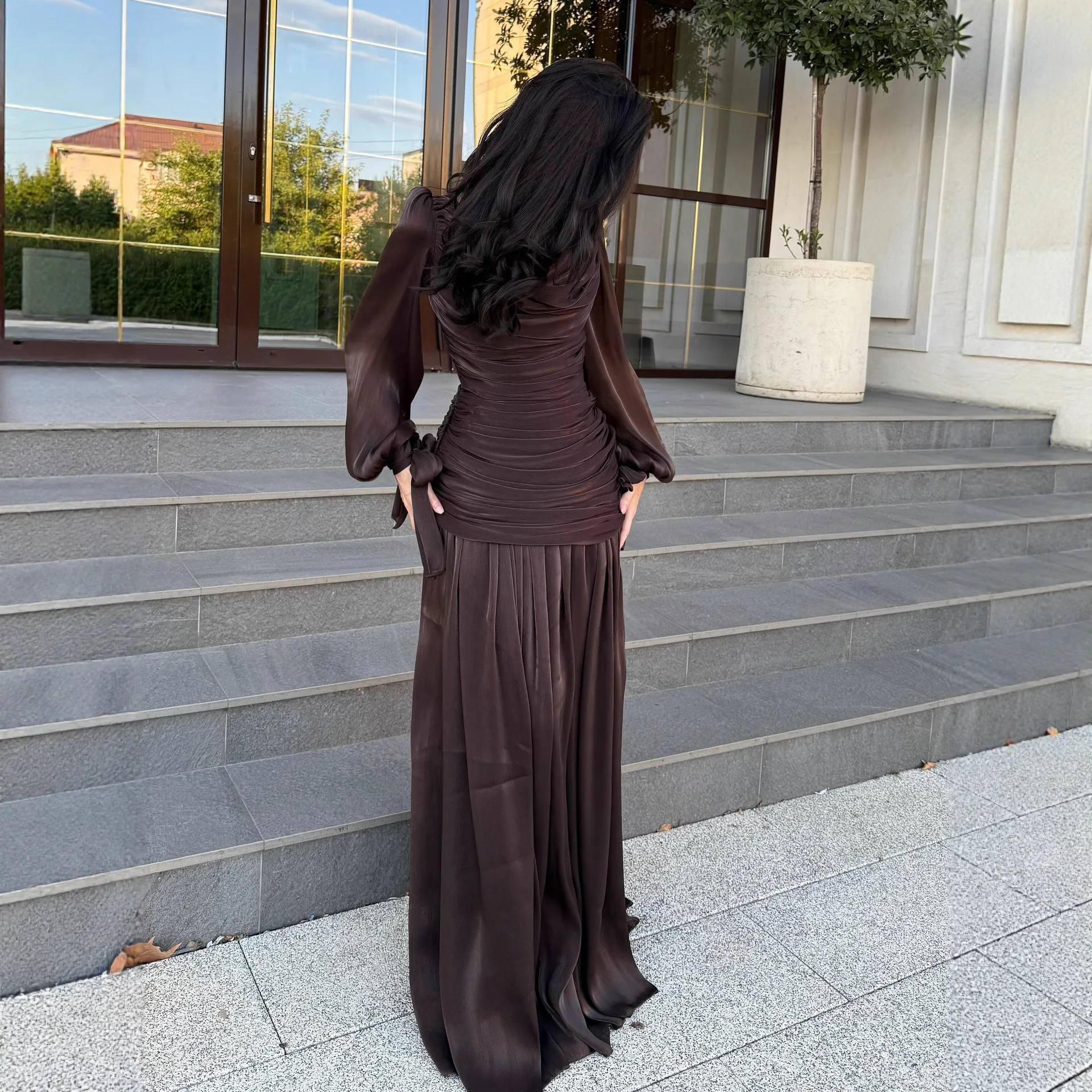 2026 Elegante damesjurk met drapering, effen, lang, O-hals, lange mouwen, taille, casual, feest- en avondjurk