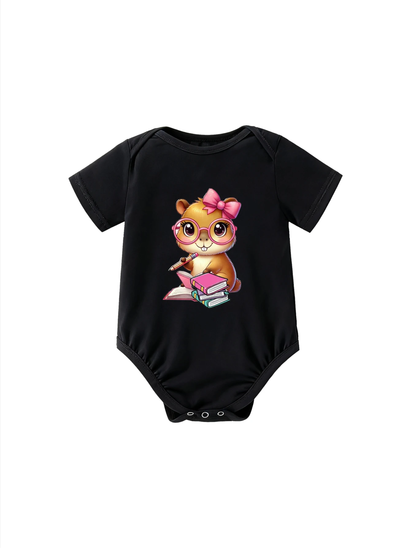 

​Baby Bodysuit Short Sleeve Hamster Scholar with Pink Glasses Holding Paintbrush and Books for Newborn Boys and Girls