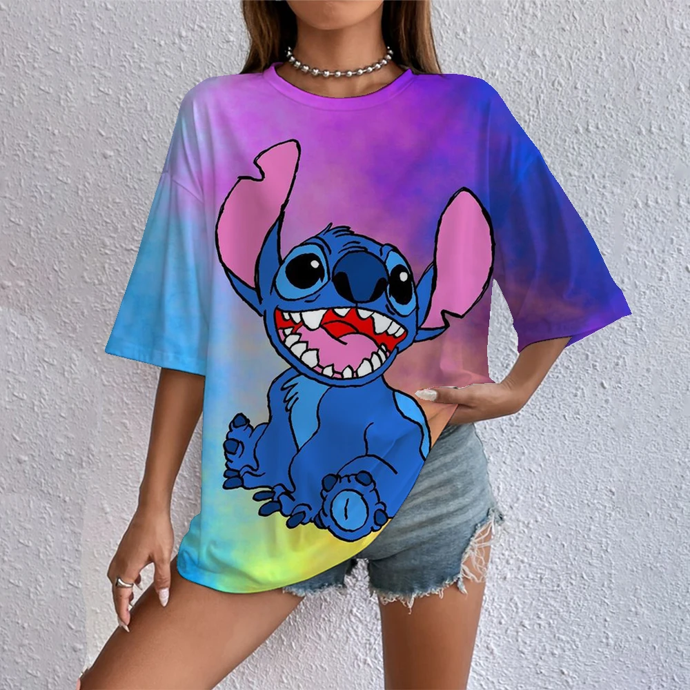 2025 Kawaii ليلو ستيتش طباعة تي شيرت بلايز للنساء سيدة الصيف الأطفال تي شيرت عادية س الرقبة أوهانا غرزة ديزني تي شيرت