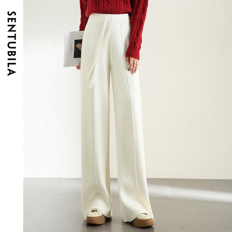 SENTUBILA Straight Knitted Pants for Women 2024 Autumn Winter Commute High-waist Full-length Pants Comfort Trouser W34K52438