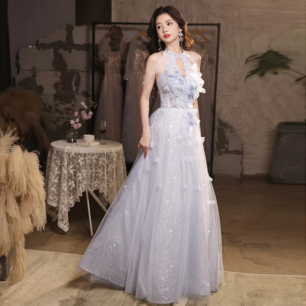 Elegant Blue Women's Evening Dress Light Luxury 2024 New Halter Design Beading Tassels Backless Prom Gown Quinceanera Dress