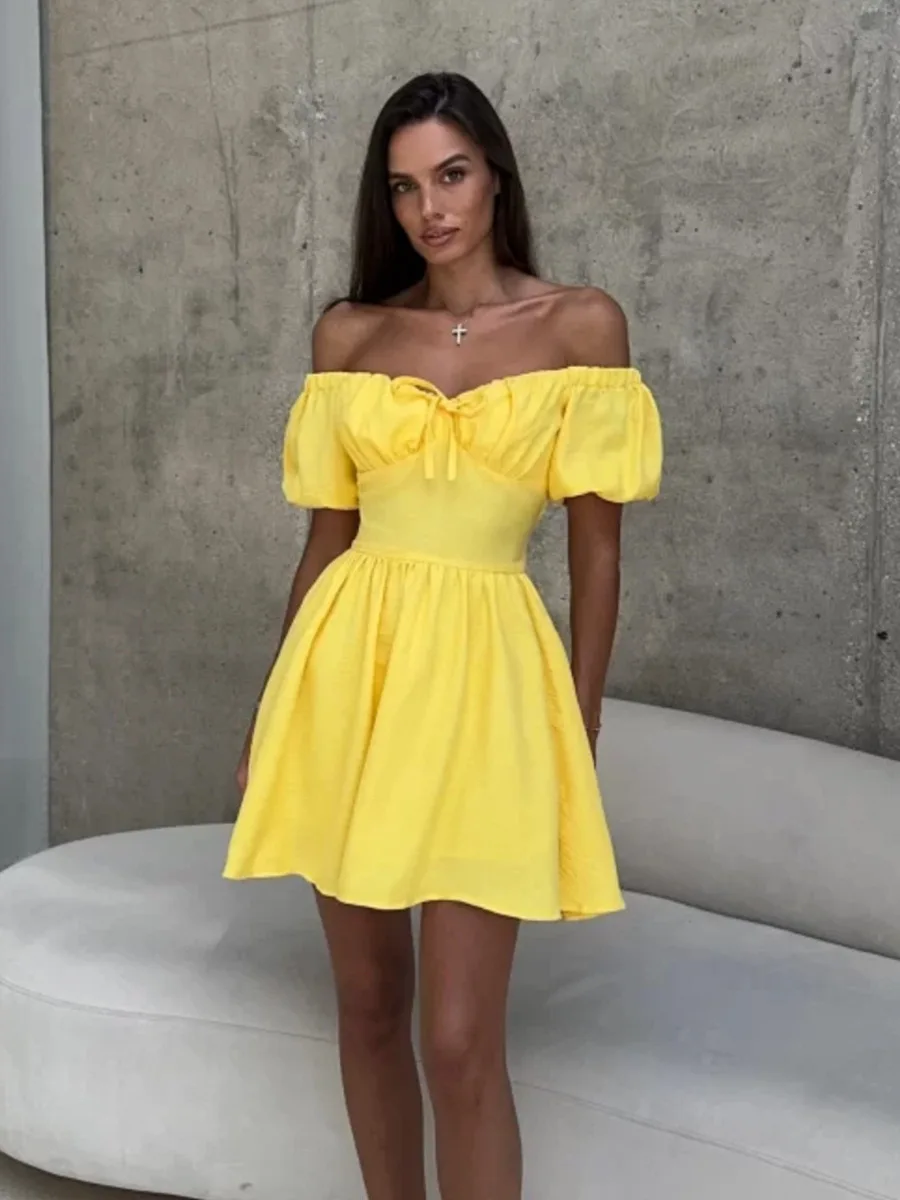 Blubelle One Shoulder Short Sleeved Dress Women's Summer New Lace Up Waist Cinching Short Skirt Fashion Bubble Sleeve Dress