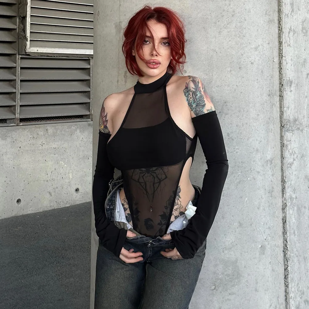 

Autumn-Winter New Arrival Sensual Split-Long-Sleeve Seamless Net Lace Hollow High-Elastic One-Piece Women's Top