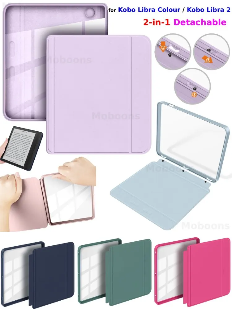 Etui 2w1 z odłączaną obudową z przezroczystego akrylu i skórzanym PU panelem, funkcją budzenia/usypiania, akcesoria do Kobo Libra Colour/Libra 2 7 cali, futerał na e-book. — zdjęcie produktu 7