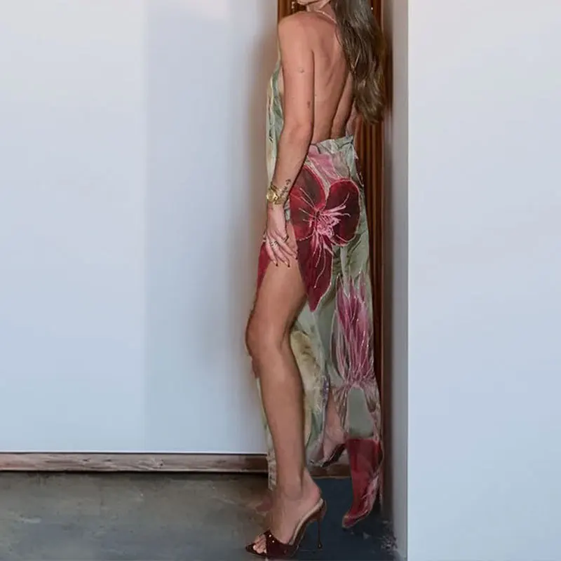

2025 Spring and Summer New Women's Irregular Personality Fashion Waist Halter Sexy Spice Girls Hanging Neck French Slit Dress