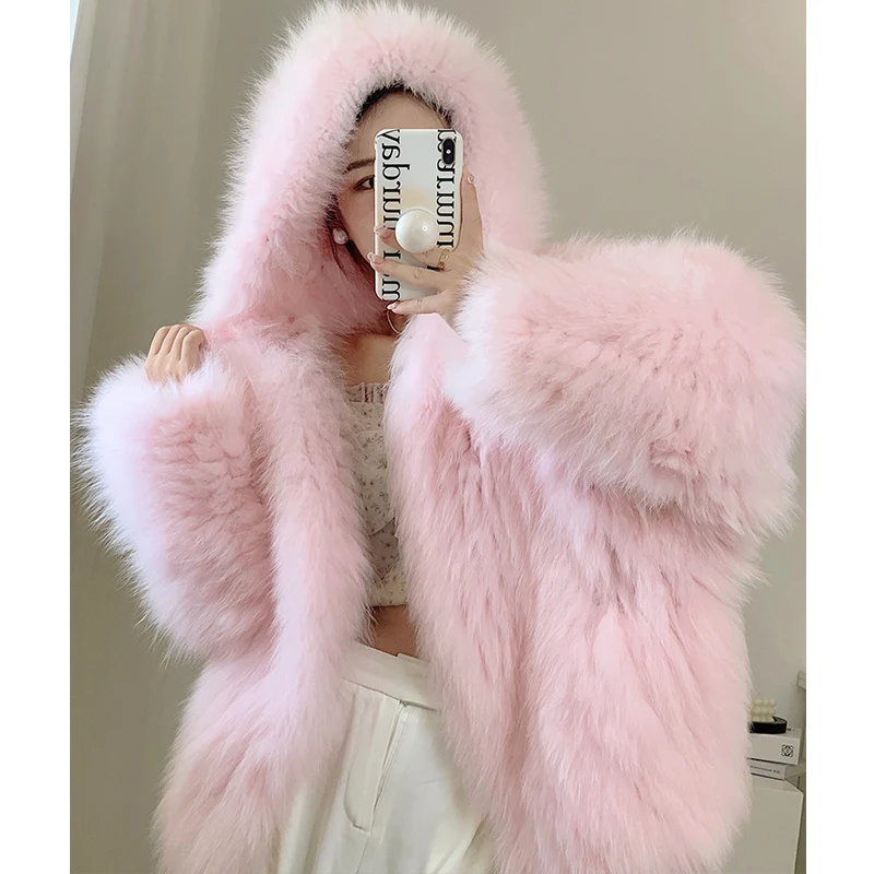 100% Natural Fox Fur Double-side Hand-woven Fur Coats Women Winter Fashion Hoodies Thick Tops Ladies Luxury Real Fur Jackets