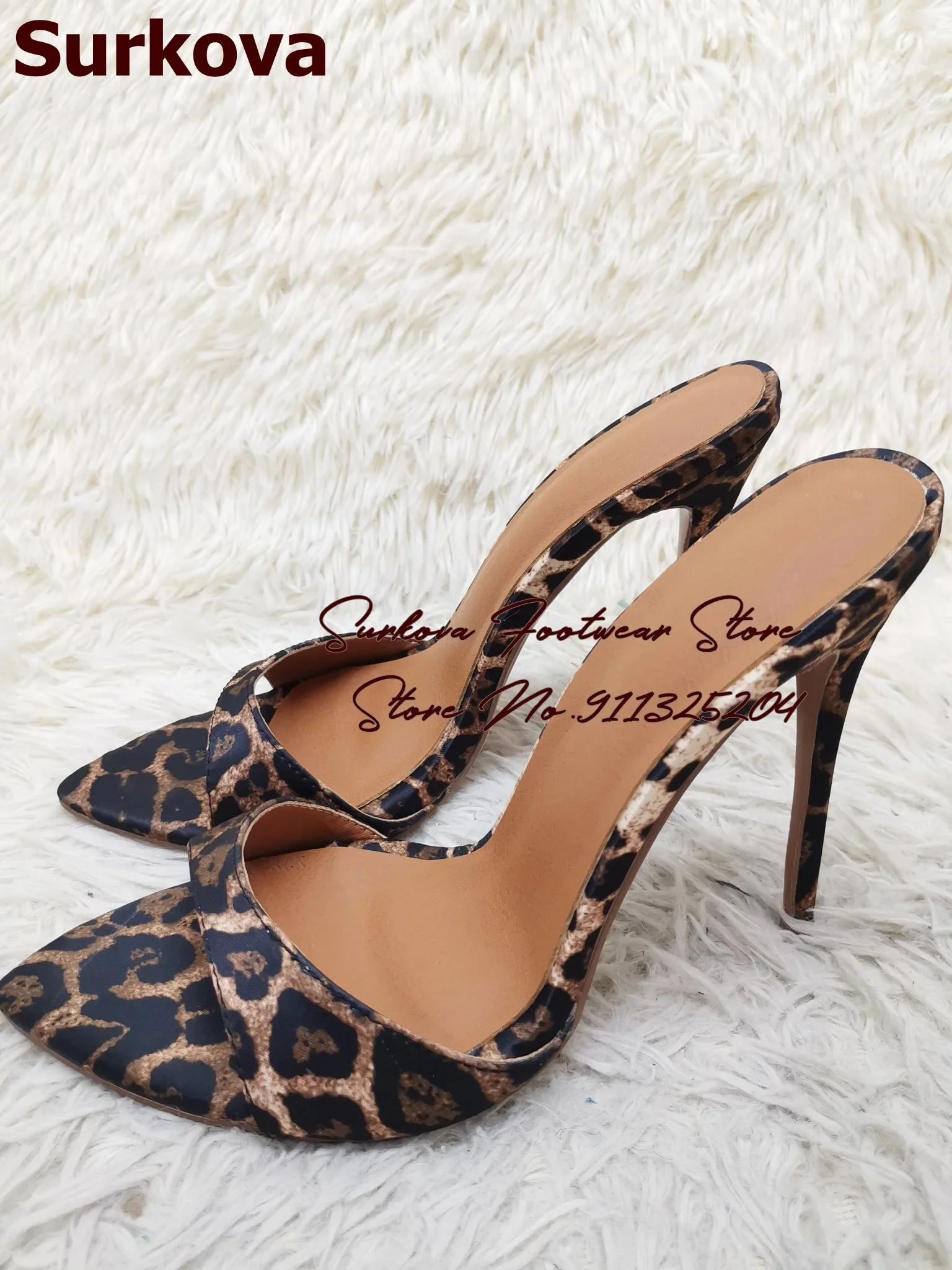 Surkova Leopard Satin Cloth High Heel Slippers Women Slip-on Pointed Toe Dress Pumps Wexy Concise Evening Banquet Footwear