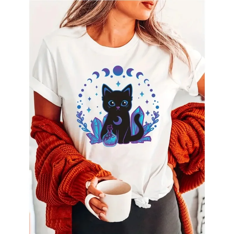 Cotton Breathable Children's T-shirt 2026 Summer New Cute Crystal Black Cat Cartoon Printed Casual Parent Child Short Sleeve