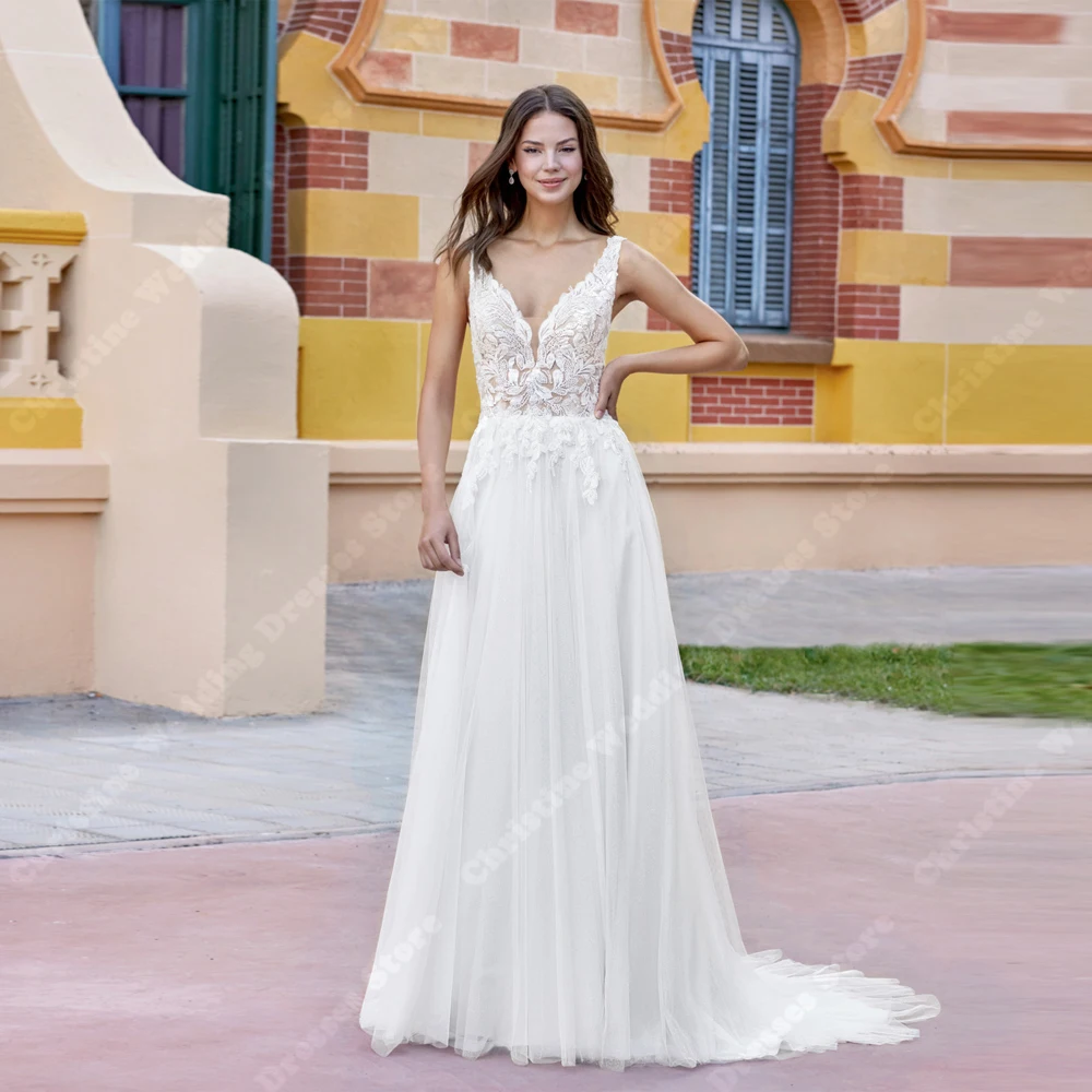 

Elegant Sleeveless Women Wedding Dresses Sexy V-Neck A-Line Wedding Gowns Mopping Length Banquet Vestidos De Novias Customized