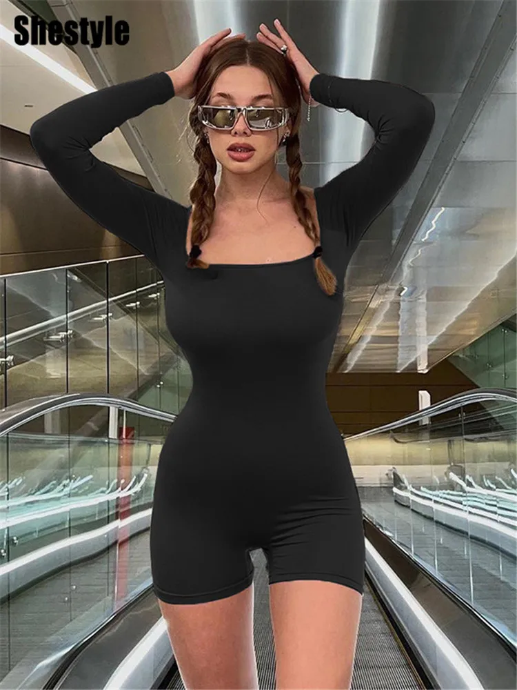 

Shestyle Black Solid Square Neck Playsuits Women Full Sleeve Sportwear Leisure Skinny Slim Sexy Autumn 2025 Basic Outfits