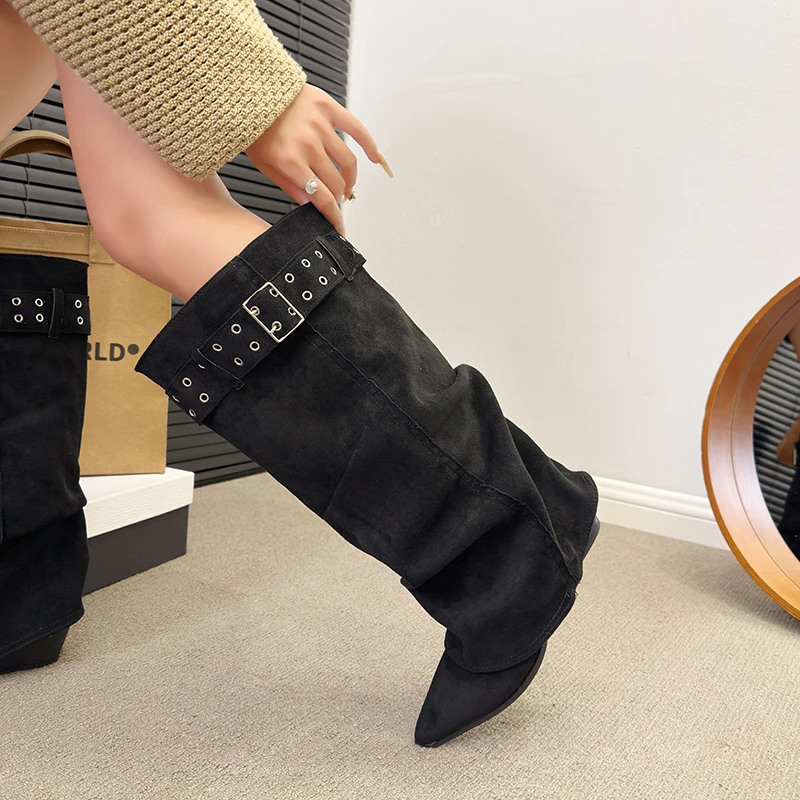 Metal Belt Buckle Soft Sole Anti-slip High Boots Women's Fashion Block Heel Women's Shoes view 5