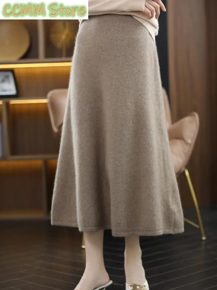 New Merino Wool Women's Skirts Solid Elastic Waist Cashmere Knitwear A-line Grace Soft Basic Casual Autumn Winter Clothing