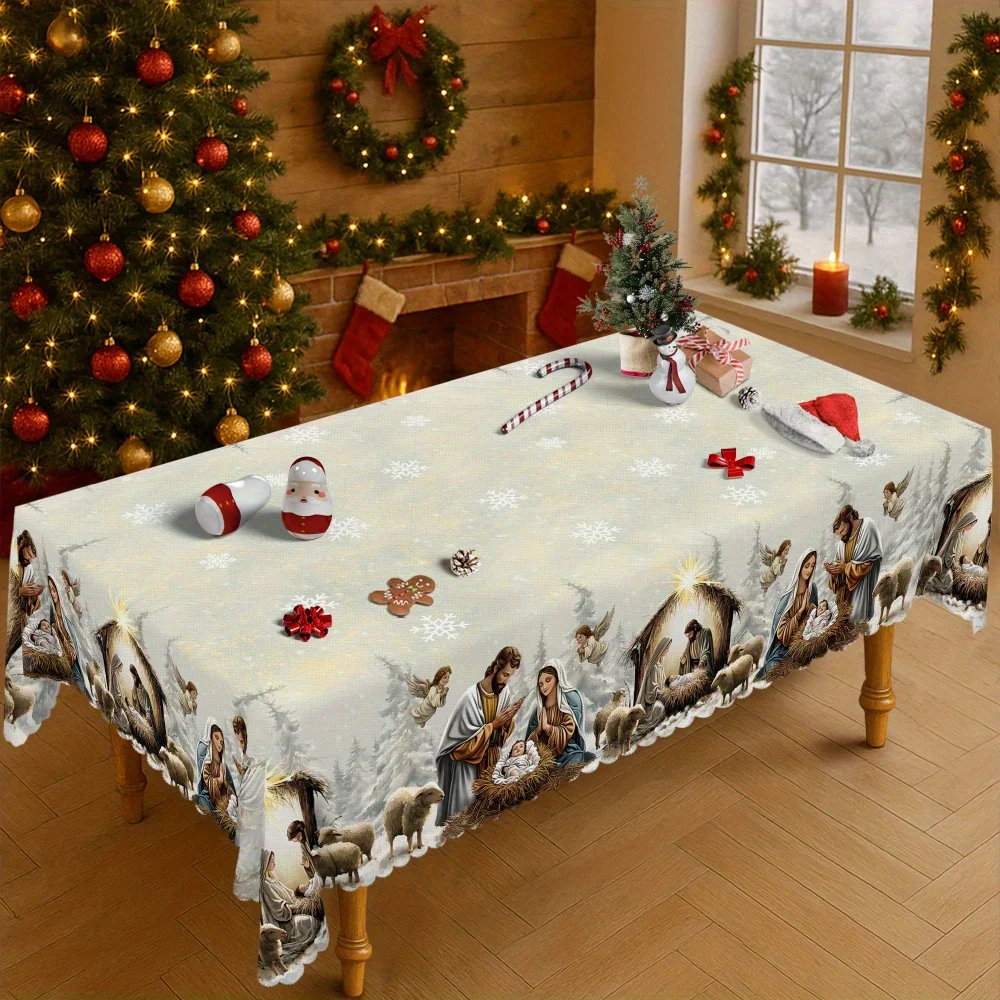 One-piece tablecloth for Christmas joy, featuring the Christmas birth of Jesus decoration design - Winter snow forestzyc