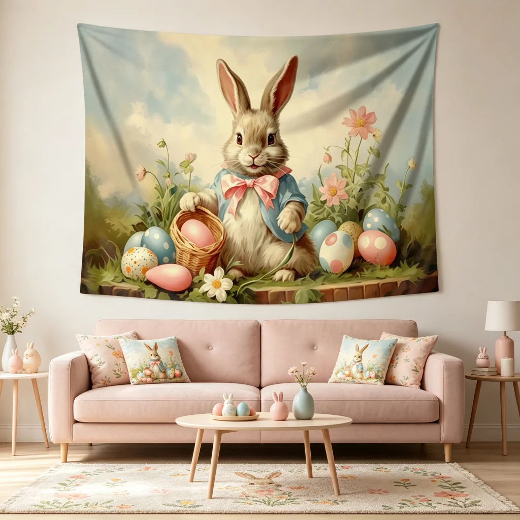 1PC Bunny Blue Outfit Pink Bow Art Print Backdrop Banner, Bedroom Living Room Photo Background, Polyester, Home Decor, Wall Art