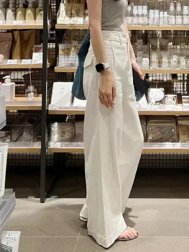 Summer Casual Loose Student White Women Straight Leg Pants New Korean Women's Fashion High Waisted Cotton Linen Wide Leg Pants
