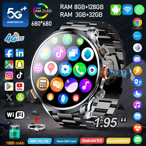 5G/4G Smart Watch Mann 1,95 Zoll 680*680 AMOLED Videoanruf 800W HD Kamera GPS Karte WIFI Google Play Smartwatch 8GB+128GB RAM Uhr
