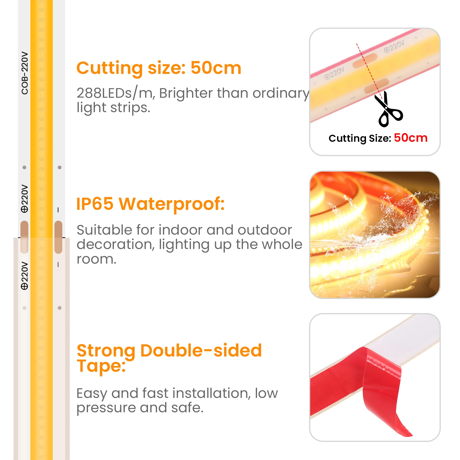 220V COB LED Strip Light EU Switch Plug IP67 Waterproof Self-adhesive Flexible Tape Ribbon High Density Linear Lighting Lamp