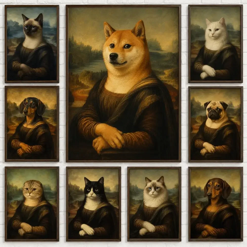 Funny Art Parody Mona Lisa Cat Dog Parody Poster Self-adhesive Art Waterproof Paper Sticker Coffee House Bar Room Wall Decor