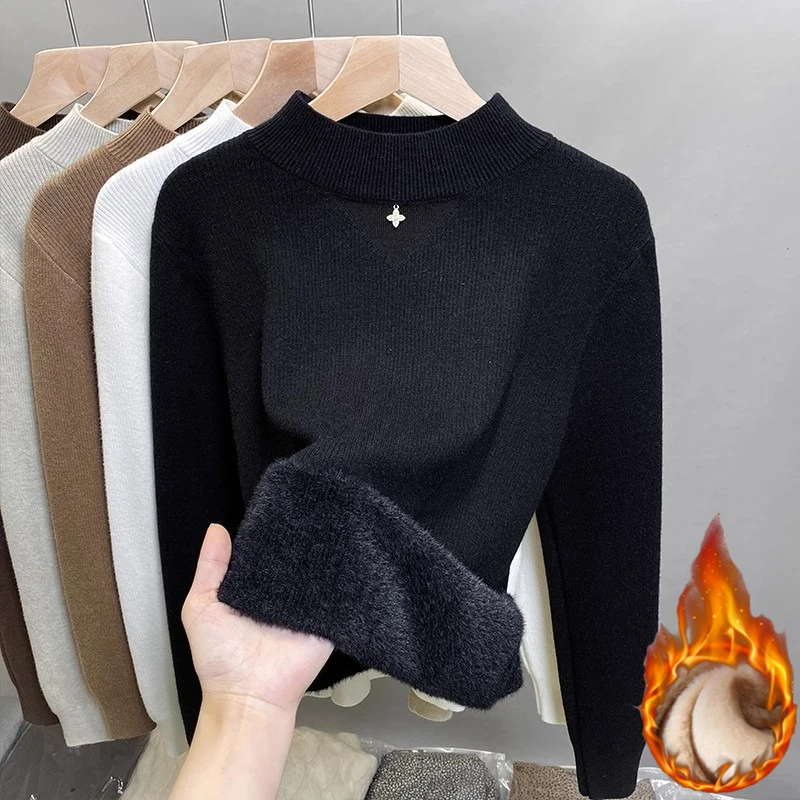 Zjaiss 2025 الخريف الشتاء الدافئة قاعدة طبقة المرأة صوف مبطن سميكة محبوك سترة قطعة واحدة الصوف بلوفر مغزول #4