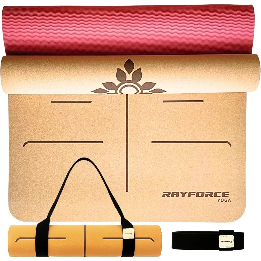 Premium kurk yoga- en pilatemat 72x26in 6mm antislip XL oefenmat met uitlijningslijnen extra kussen en draagriem groen