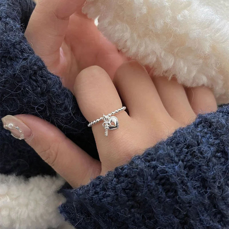 Foxanry Silver Color Love Heart Key Pendant Rings For Women Girls Creative Trendy Simple Sweet Elegant Anniversary Jewelry Gifts