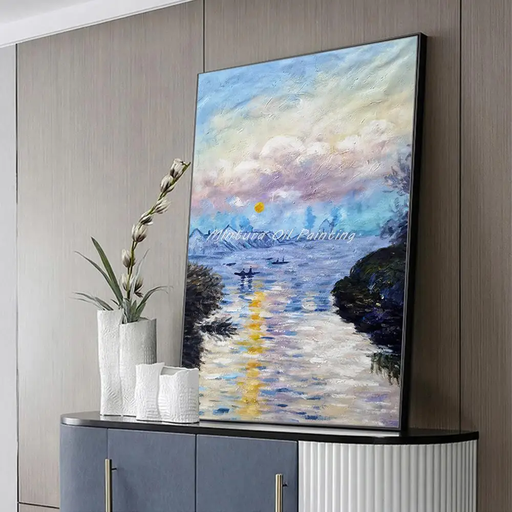 Mintura Handpainted Sunrise Over The Seine Landscape Oil Paintings on Canvas,Modern Wall Art Pictures for Living Room Home Decor