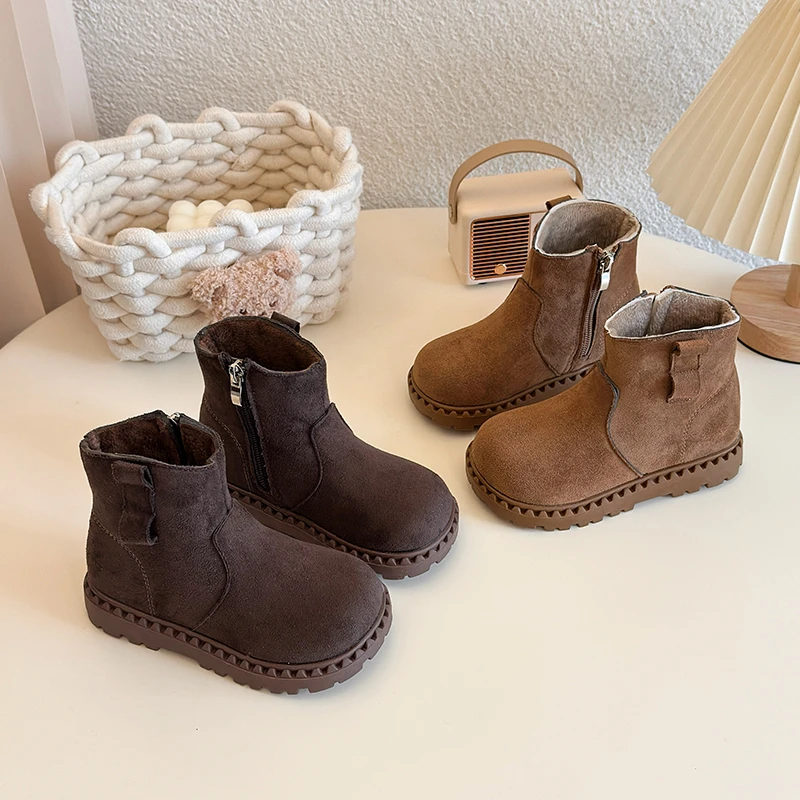 

Retro Winter Girls Plush Boots School Non-slip Children's Catwalk Leather Boots Round-toe Breathable Kids Fashion Cotton Boots