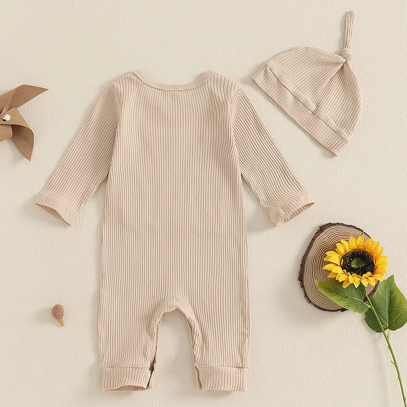 Conjunto de 2 peças para bebês meninos com estampa de letras, manga comprida, gola redonda, macacão canelado com chapéu