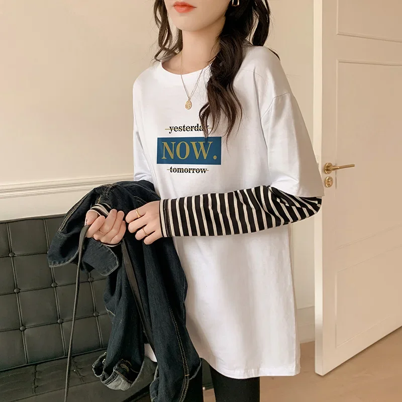 Harajuku pure cotton Long Sleeve cartoon printed T-shirt for Women Y2k Aesthetic Tops Striped patchwork fake two pieces T Shirt