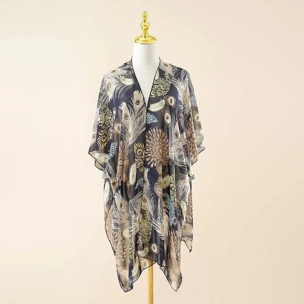 

Comfort Thin Chiffon Bikini Cover Up Floral Print Loose Fit Swimsuit Cardigan Midi Length Bathing Suit Cover Up Vacation Outfit