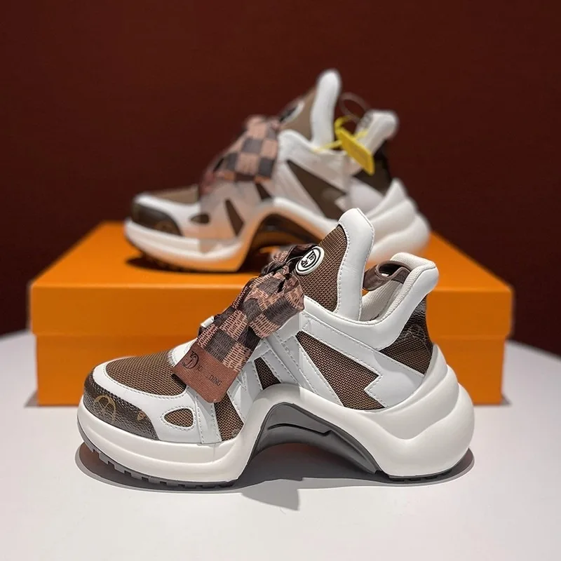 Fashionable Color Blocked Breathable Casual Sports Shoes Arched Thick Sole Dad Shoes Comfortable Height Increasing Women's Shoes