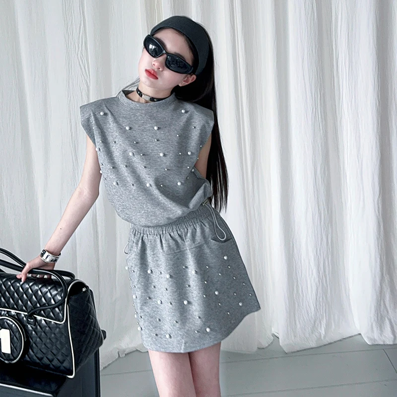 Kids Girls Fashion Clothes Set 5 6 7 8 9 10 12 13 14 Year Summer Wear 2 Piece Clothing with Pearls Beads Child Streetwear Suit