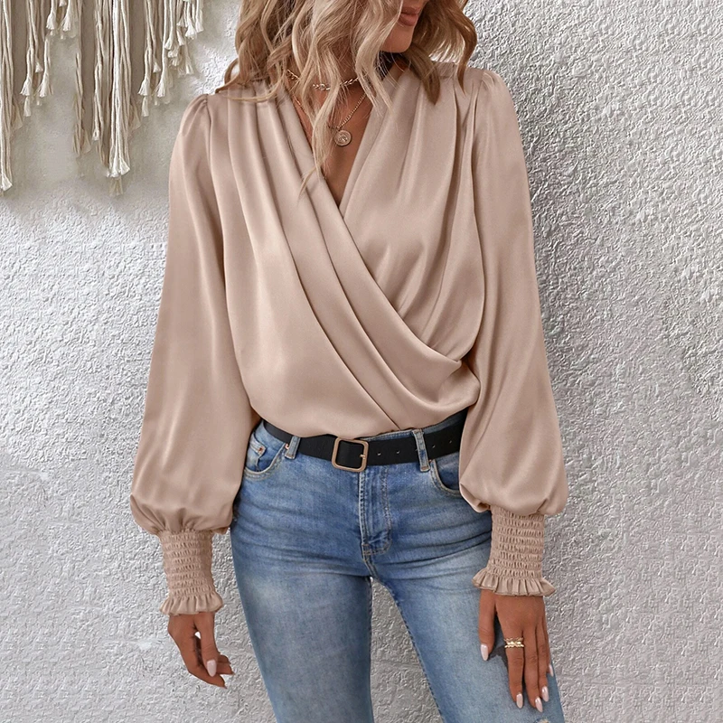 

Spring Summer Fashion Women's Shirt Casual Elegant Solid Color V Neck Patchwork Lantern Long Sleeve Loose Type Pullover Shirt