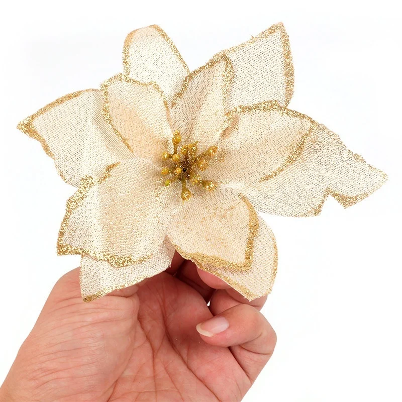 10PCS 13cm Christmas Flowers Artificial Christmas Tree Ornaments Gold Poinsettia Flower Head Home Christmas Tree Decorations