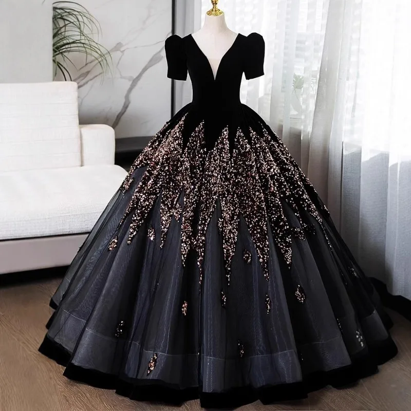 Vestido de noite preto personalizado com decote em V, show de passarela do anfitrião sofisticado, canto solo, exame de arte, roupa de performance, socialite elegante