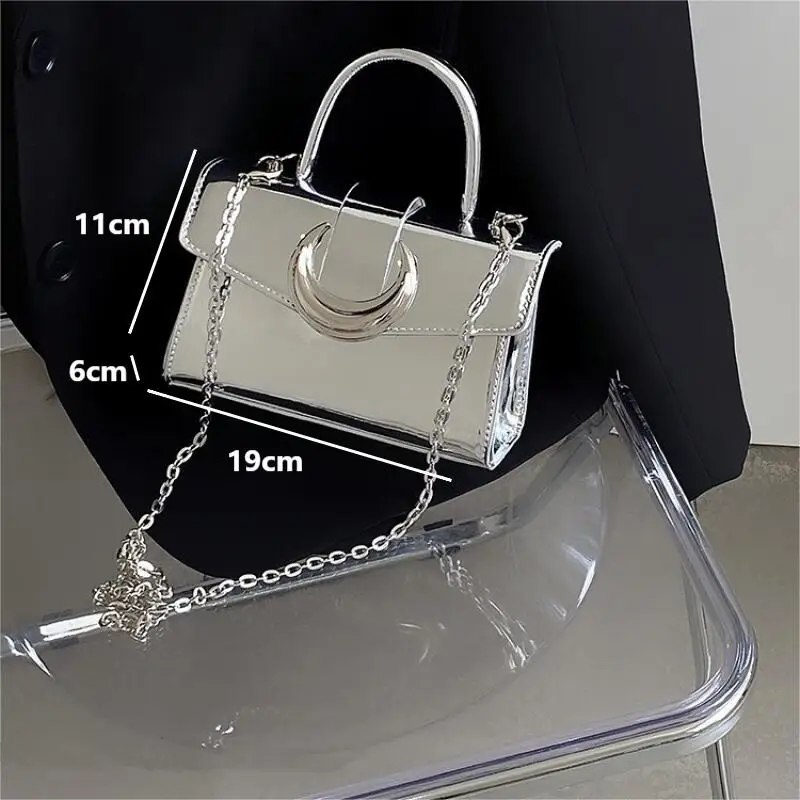 2024 Stylish Moon Lock PU Leather Crossbody Bags Fashionable Women\'s Black Sling Shoulder Bag Portable Silver Chain Handbags