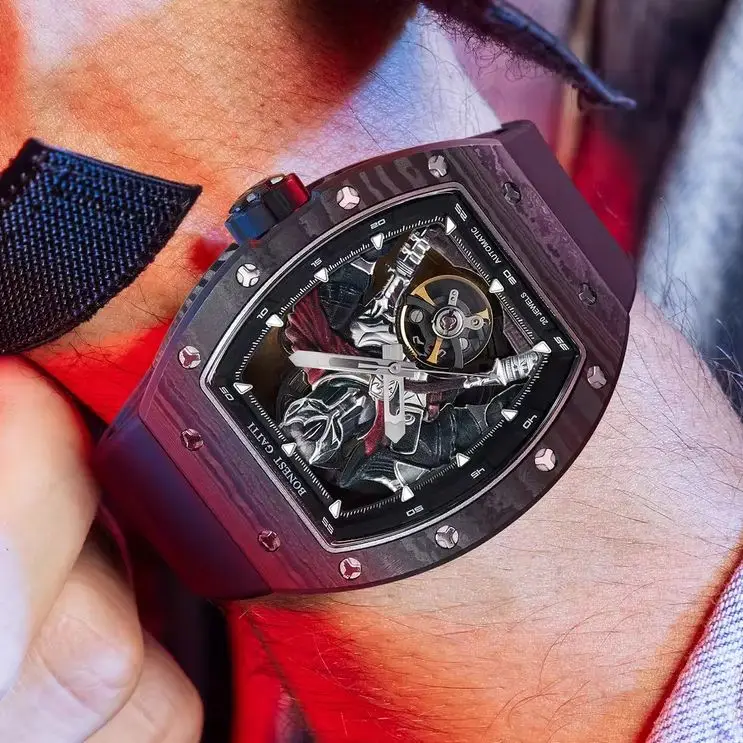 BONEST GATTI Men Automatic Watch Tonneau Mechanical Wristwatch Luminous Carbon Fiber Case Sapphire Warrior Dial FKM Strap