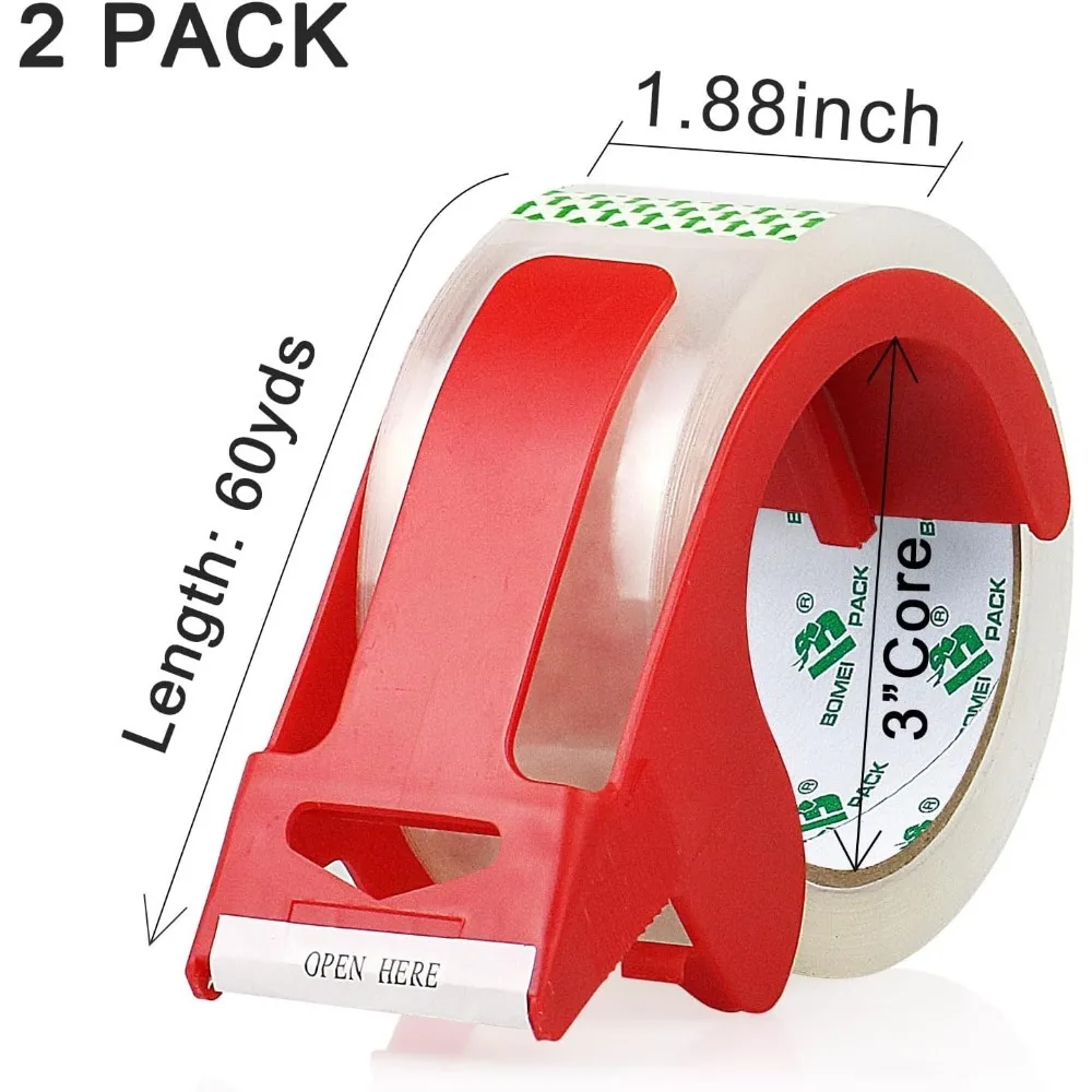 Heavy Duty Clear Packing Tape,2 Rolls with refillable Dispenser,Noiseless Packaging Tape 1.88 Inches x 55 Yards,Industrial Grade