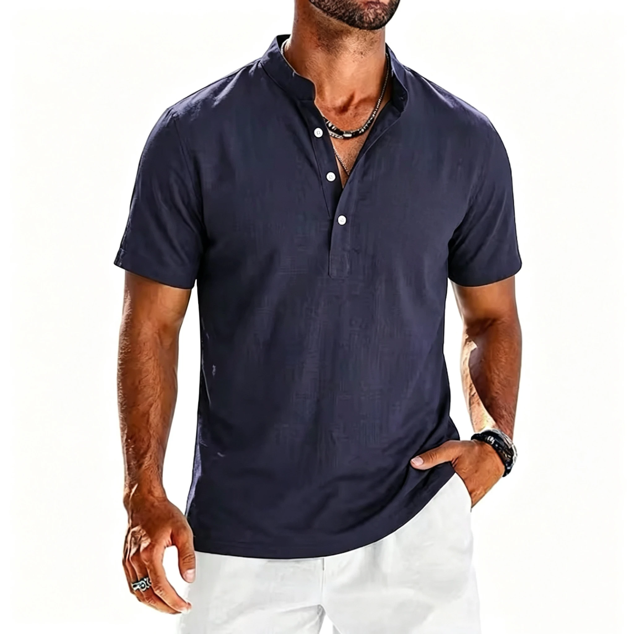 Men New Cotton Linen Casual Shirts Lightweight Short Sleeve Henley Beach Hawaiian T Shirts Comfortable Breathable Summer Fashio